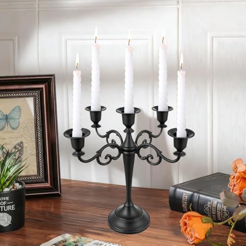 Matte Black 5-Arms Metal Candelabra Candle Holder - Vintage Gothic Taper Stand