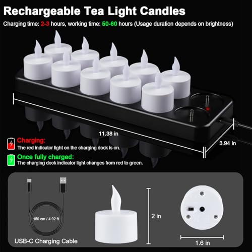 Rechargeable Flameless Tea Light Candles Set - 12 Warm White Flickering LED Candles