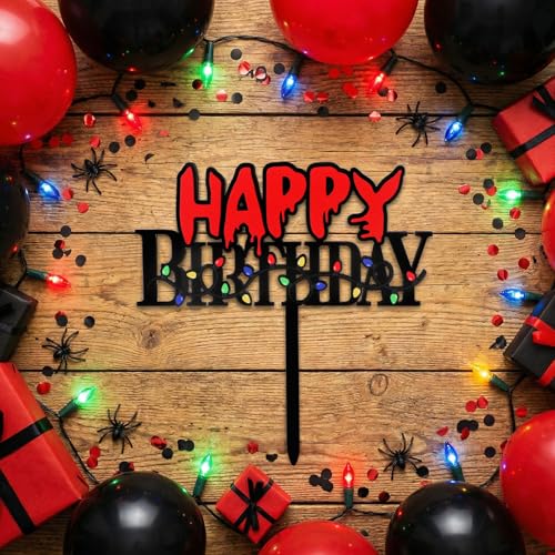 Horror Birthday Cake Topper Acrylic Black & Red Spooky Light Bulb Pattern