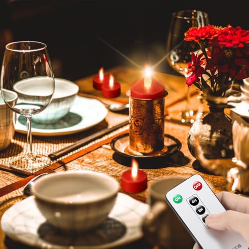 Remote Control Flameless Tea Light Candles 24 Pack - Flickering LED, Long Lasting 400+ Hours, Safe Home Decor, Red