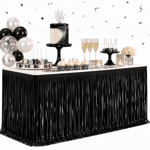Black Foil Fringe Table Skirt - 2 Pack, 29x108 Inches, Metallic Tinsel Streamers