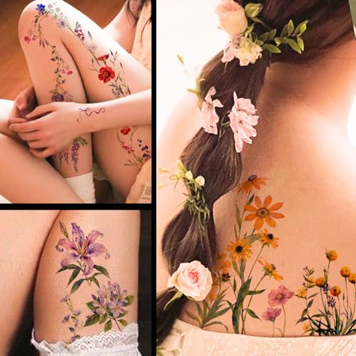 Watercolor Flower Temporary Tattoos Set - 40 Waterproof Sheets for Women