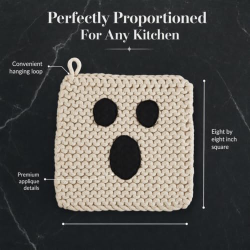 Halloween Ghost Pot Holder - Cotton Crochet Kitchen Hot Pad, 8 Inch