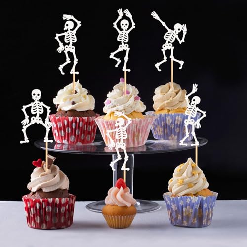 White Skeleton Cupcake Toppers 25Pcs Glitter Skeleton Decorations for Halloween Party & Gothic Birthdays - Variation: White Skeleton