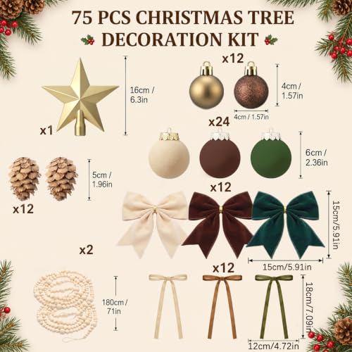 Neutral Christmas Ornaments Set - 75 Pcs Rustic Holiday Decorations for Tree & Home
