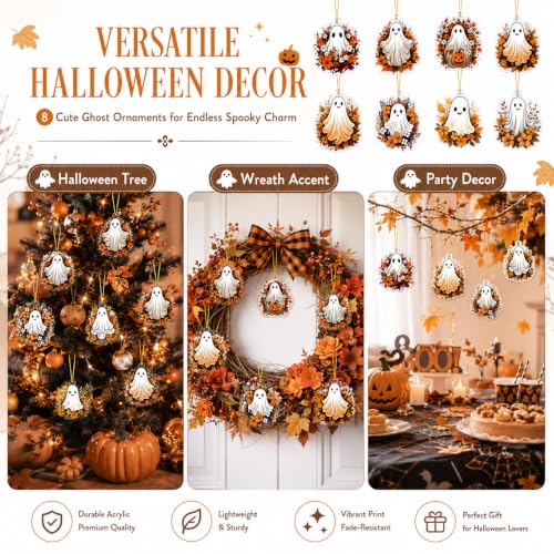 Fall Ghost Flower Halloween Thanksgiving Tree Ornaments - 8 Pcs, Acrylic, Indoor Decor