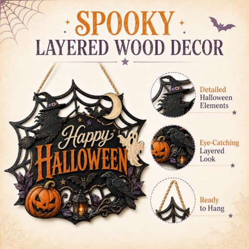 Halloween Wooden Door Sign - Haunted Ghost Witch Pumpkin Hanging Decor for Front Door