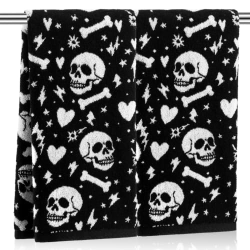 Halloween Skull Hand Towels Set - Black and White Cotton Bathroom Decor