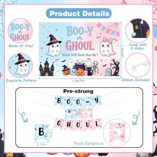 Halloween Gender Reveal Decorations Set with Backdrop Banner Swirls and Tablecloth - Pink & Blue Baby Shower Supplies