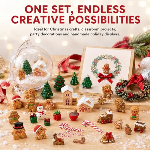 Christmas Gingerbread Mini Figurines Set - 36 Tiny Resin Decorations - Gingerbread House, Trees, Reindeer & More - Variation: Christmas Gingerbread