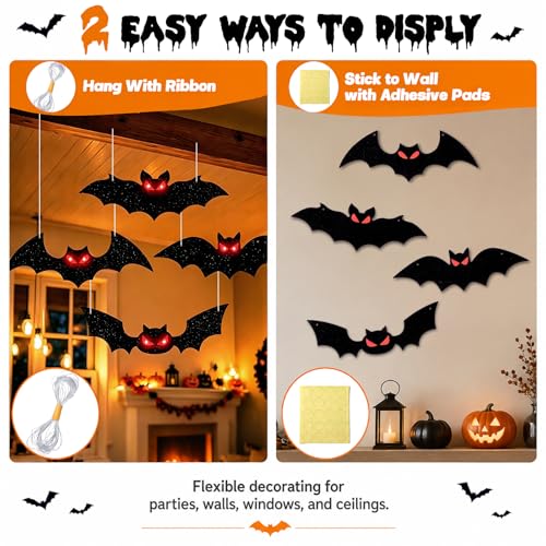 Lighted Halloween Bats Decor - 4PCS Outdoor Indoor Hanging Bat Set - Red Variation