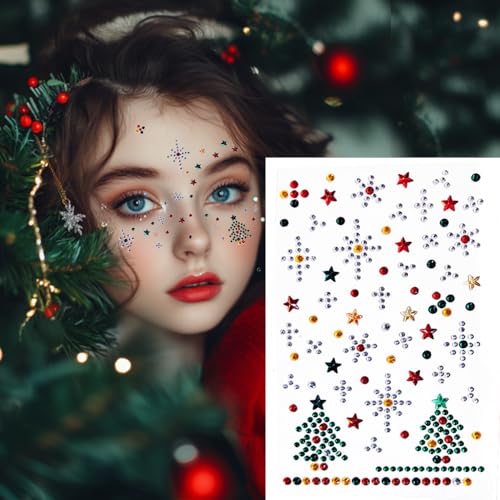 Christmas Face Gems with Snowflake, Tree & Elk Variations, Self-Adhesive Face Jewels for Makeup & Raves
