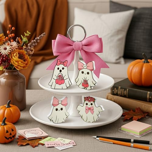 Pink Halloween Ghost Table Decorations - Coquette Bows Ghost - 4 Pcs Wooden Figurines for Home & Party