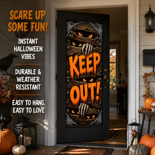 Halloween Door Decorations Keep Out Banner - Large Haunted House Design, Orange Black White Variation