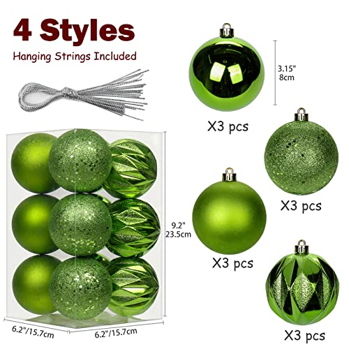 Green Christmas Ball Ornaments Set - Shatterproof 3.15" Holiday Decorations - 12pcs