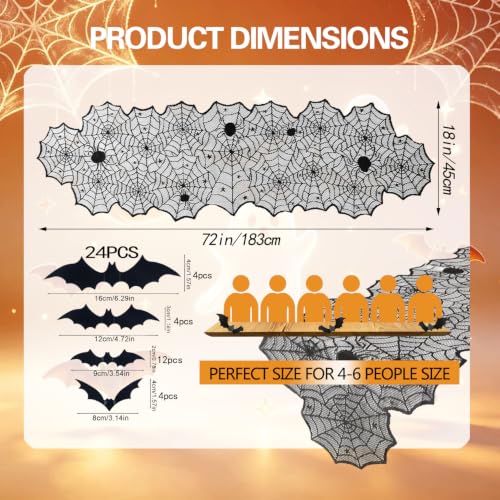 Halloween Table Runner with Black Lace Spider Web and 3D Bats - Festive Dining Decor