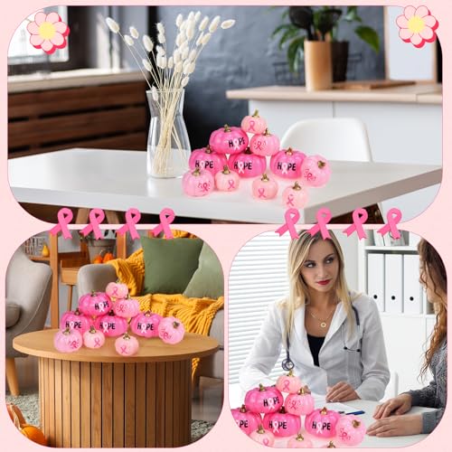 Breast Cancer Awareness Pumpkin Decor Set with Pink Ribbon - Fall Halloween Table Decorations - 12 Faux Foam Pumpkins