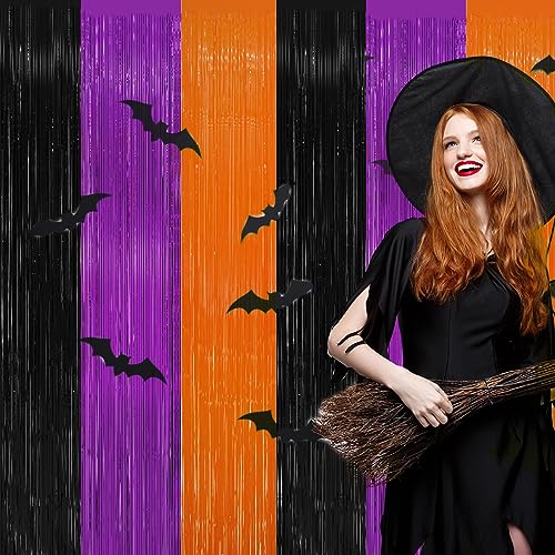 Halloween Foil Fringe Curtain Set - Black, Orange & Purple Metallic Tinsel Streamers for Party Decor