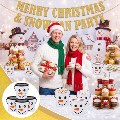 12 Pack Christmas Snowman Candy Buckets with Handles - Holiday Treat Pails