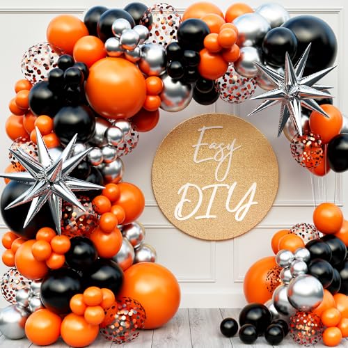 All-in-One Orange and Black Balloon Arch Kit with Garland & Starburst Balloons for Graduation, Halloween, Birthday Decor
