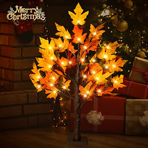 2-Pack 2FT Lighted Maple Tree Decor - Fall LED Thanksgiving Tabletop Lamp with 6 Acorns & Timer