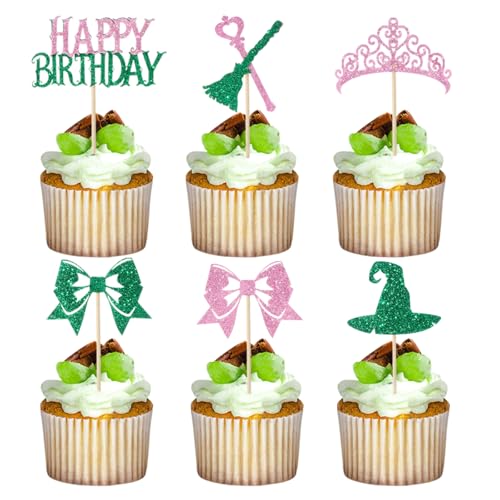 Witch Birthday Cupcake Toppers Set - Pink and Green Witch Themed Decorations, 48 Pieces