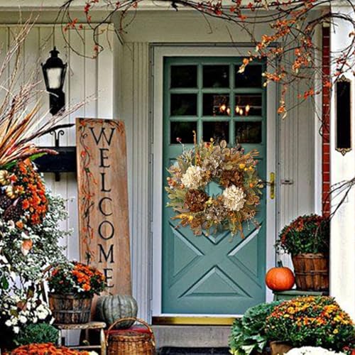 24 Inch Fall Wreath with Hydrangea & Mini Pumpkins - Rustic Front Door Decor - Variation: 10 Rusty Hydrangea
