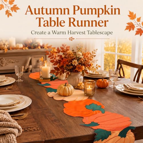 Fall Pumpkin Embroidered Table Runner, Autumn Decor for Thanksgiving & Halloween