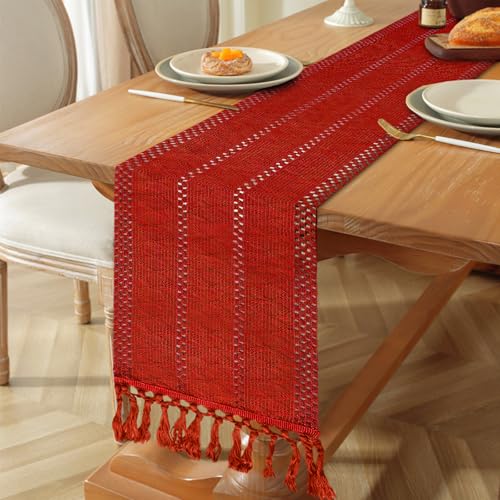 Christmas Table Runner 12 x 108 Inches Red Tassel Rustic Cotton Linen Holiday Decor