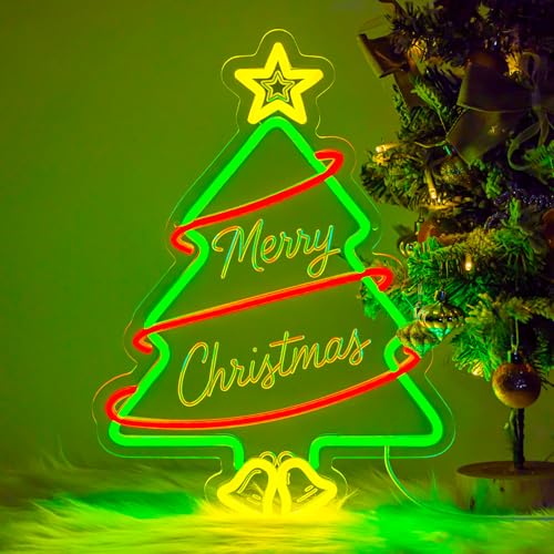 Christmas Tree Neon Sign - Green Acrylic LED Light for Holiday Decor - 16.9x12.1 Inches