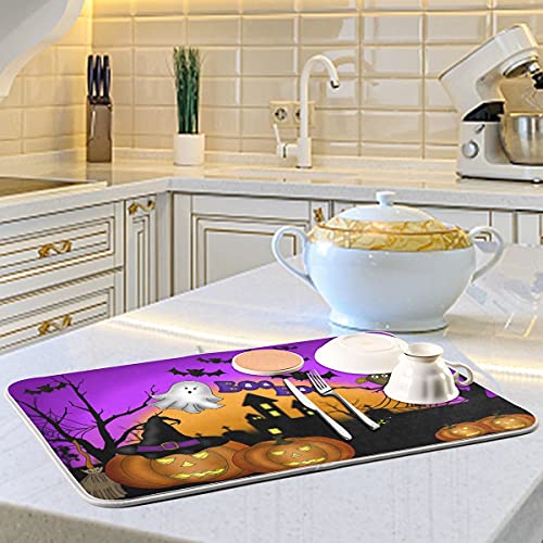 Halloween Pumpkin Ghost Reversible Microfiber Dish Drying Mat 16x18 Kitchen Counter Accessory