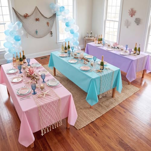 Fish Net Table Runner & Plastic Tablecloth Set - Mermaid Color, 12 Pieces