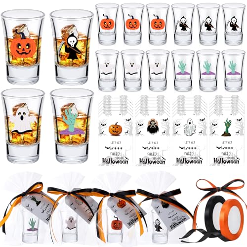 Halloween Shot Glasses Set - 24 Mini 1.5oz Glasses with Holiday Accessories