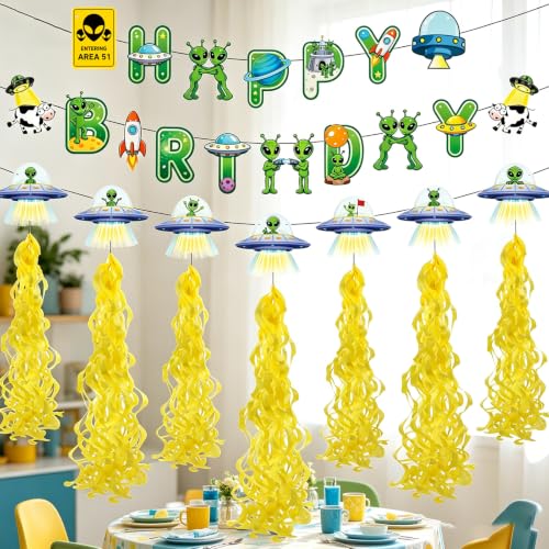 Alien Birthday Party Banner with Hanging Swirls - Space Themed Decorations