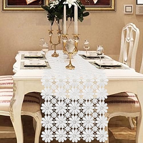 15.8x108 Inch White Crochet Lace Table Runner - Boho Dresser Scarf - Modern Style
