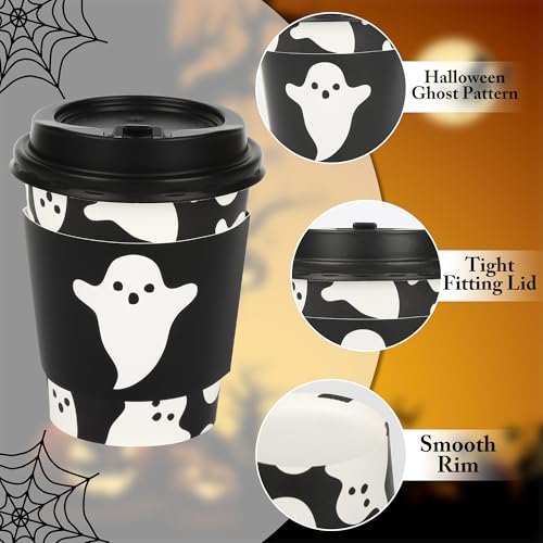 Halloween Ghost Disposable Coffee Cups with Lids & Sleeves - Black Ghosts