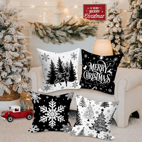 Black Christmas Pillow Covers Set of 4 24x24 Holiday Cushion Cases Winter Decor