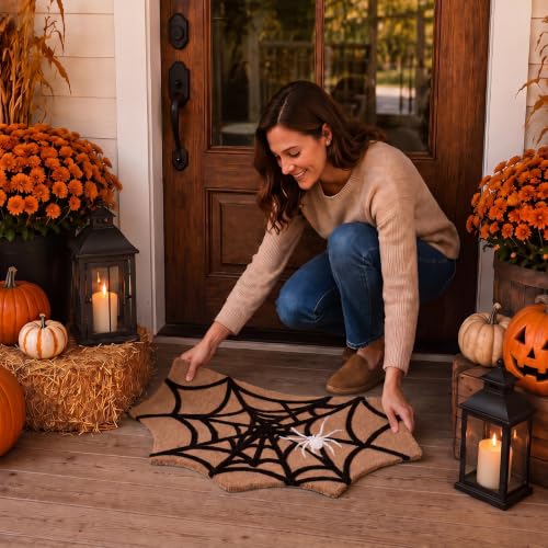 Halloween Spider Web Doormat Bat Shaped Faux Coir Welcome Mat - Indoor Outdoor