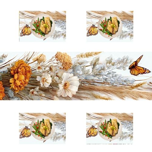 Autumn Floral & Butterfly Table Runner & Placemats Set - 87 / Set of 4 - Rustic Fall Linen Decor