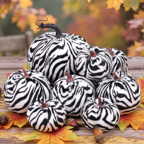 Gresorth 8 Pcs Artificial Zebra Velvet Pumpkins Fall Pumpkin Decor - Variation E