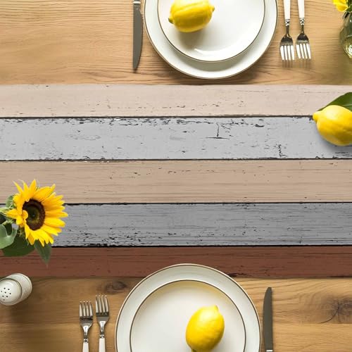 Farmhouse Cotton Linen Table Runner 13x120 Inches Rustic Barn Wood Texture - Brown Grey