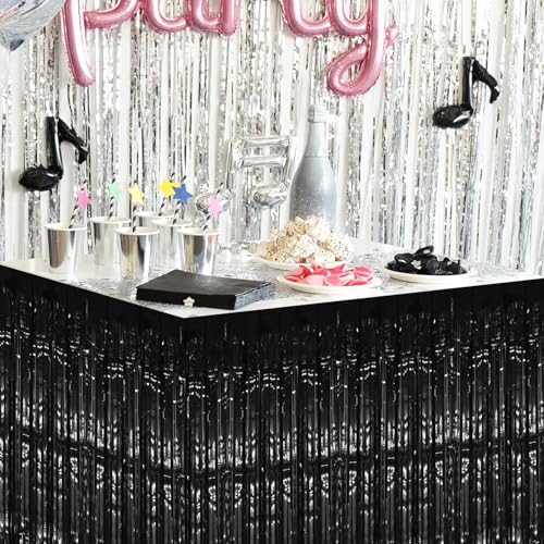 Black Foil Fringe Table Skirt Set - 2 Pack 29.5x108 Inch for Party Decor