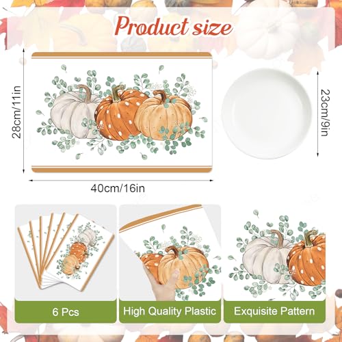 Fall Vinyl Placemats Set of 6 - Orange Pumpkin Autumn Table Decor