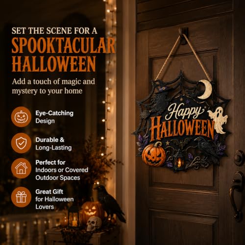 Wooden Halloween Wreath for Front Door Indoor Outdoor Decor - Pumpkin Ghost Witch Design