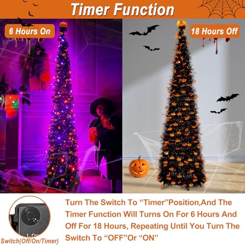 6 Ft Black Tinsel Halloween Tree with Lights - Indoor Holiday Decoration