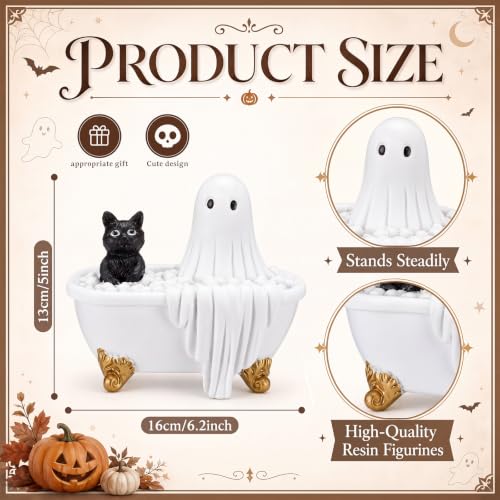 Halloween Ghost Cat Figurine in Bathtub Decor Resin Cute Spooky Home Accent