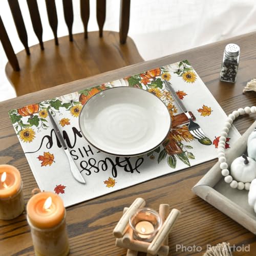 Rectangular Fall Floral Placemats Set of 4 - 12 x 18 Inch Beige Table Decor