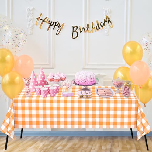 Orange and White Gingham Waterproof Disposable Tablecloths - 6 Pack, 54x108 Inches, Party, Picnic, Wedding