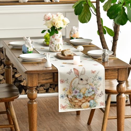 Easter Bunny Eggs Flowers Basket Table Runner 13x108 Inch Beige - Spring Kitchen Decor