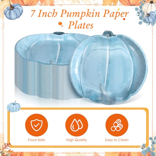 Blue Pumpkin Paper Plates - 100 Pack Fall Thanksgiving Dinnerware